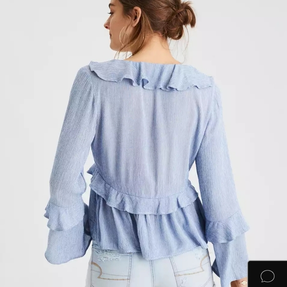 American Eagle Outfitters Deep V Blue & White Stripe Ruffle Top XS - Picture 9 of 12
